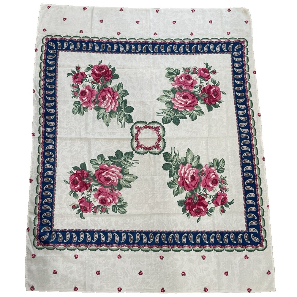 Vintage Pink Rose Bouquet Brocade Scarf or Small Tablecloth 34x44"